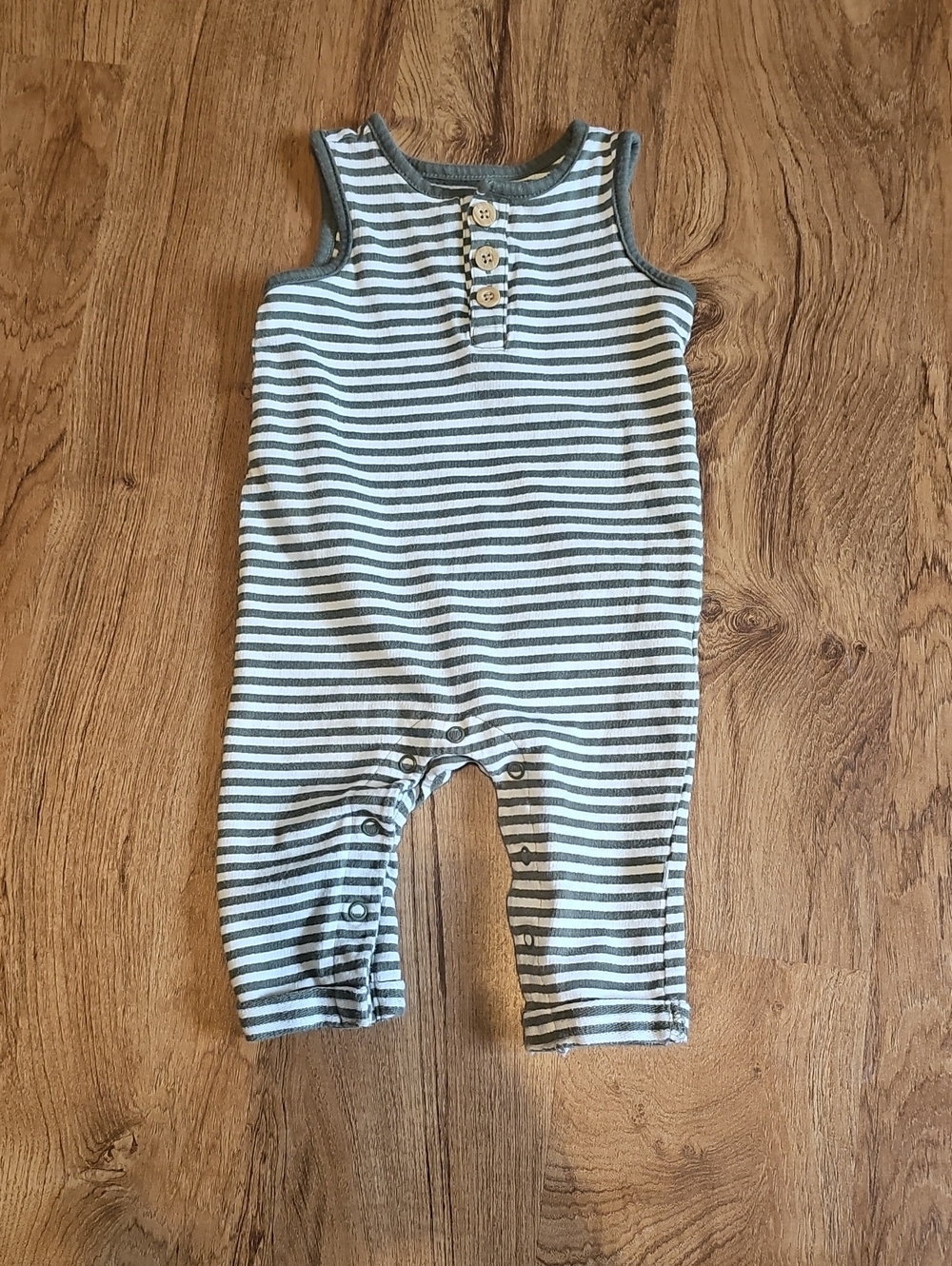 Little Planet Olive Green and White Striped Sleeveless Romper